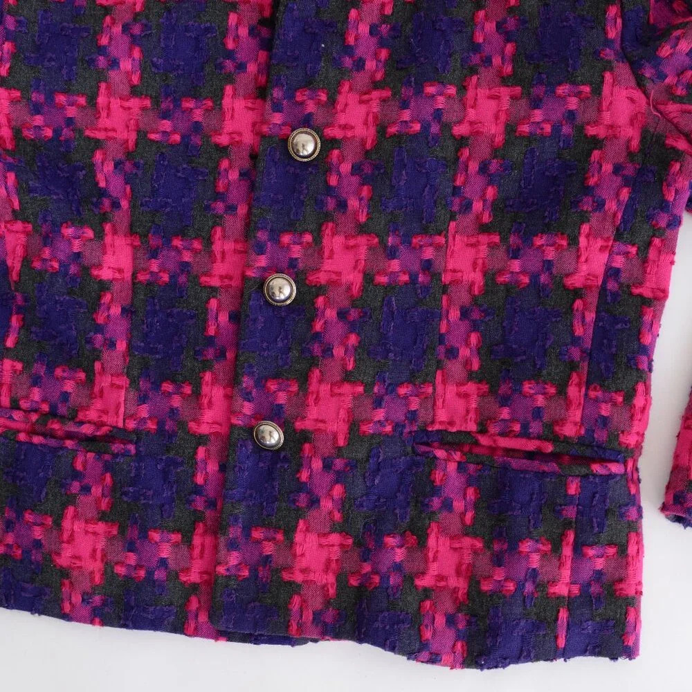 Vintage Collections Purple Pink 25% Wool Cross Plaid Houndstooth Blazer 12 - Picture 5 of 14